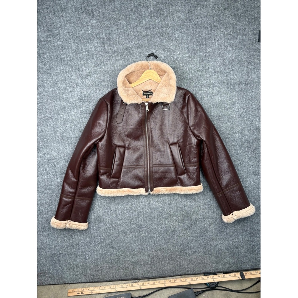 36points Womens Small Burgundy Faux Leather Aviator Bomber Jacket Faux Fur Trim - Picture 9 of 16